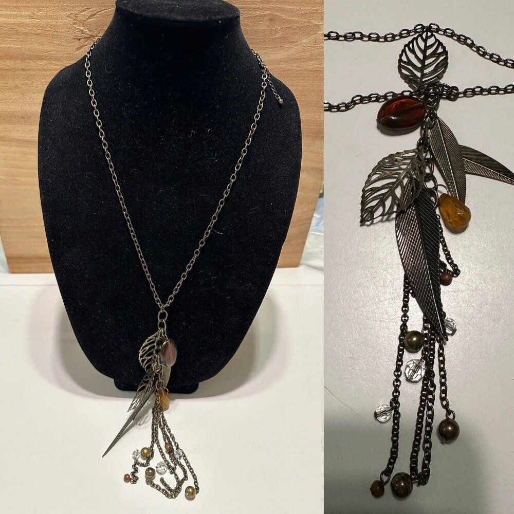 Antiqued Gold Tone Tassle Metal Feather Boho Necklace Chain Beaded